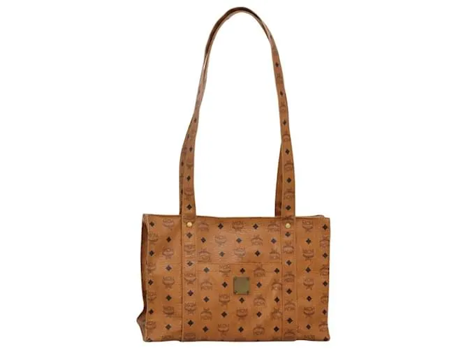 Borsa tote in PVC pelle marrone oro Auth BA3460 con logogramma MCM Vicetos D'oro