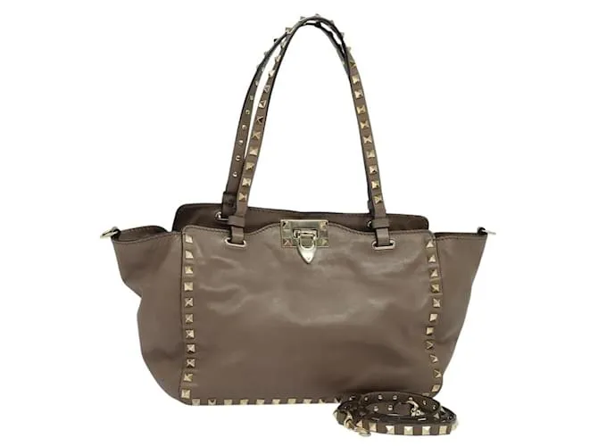 VALENTINO Borsa Rock Studs in pelle 2way Beige Oro Auth BA2875 D'oro