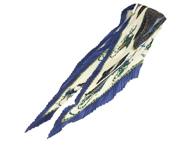 Hermès HERMES Sciarpa Pieghettata ""LES VOITURES A TRANSFORMATION"" Seta Blu Auth bs26876