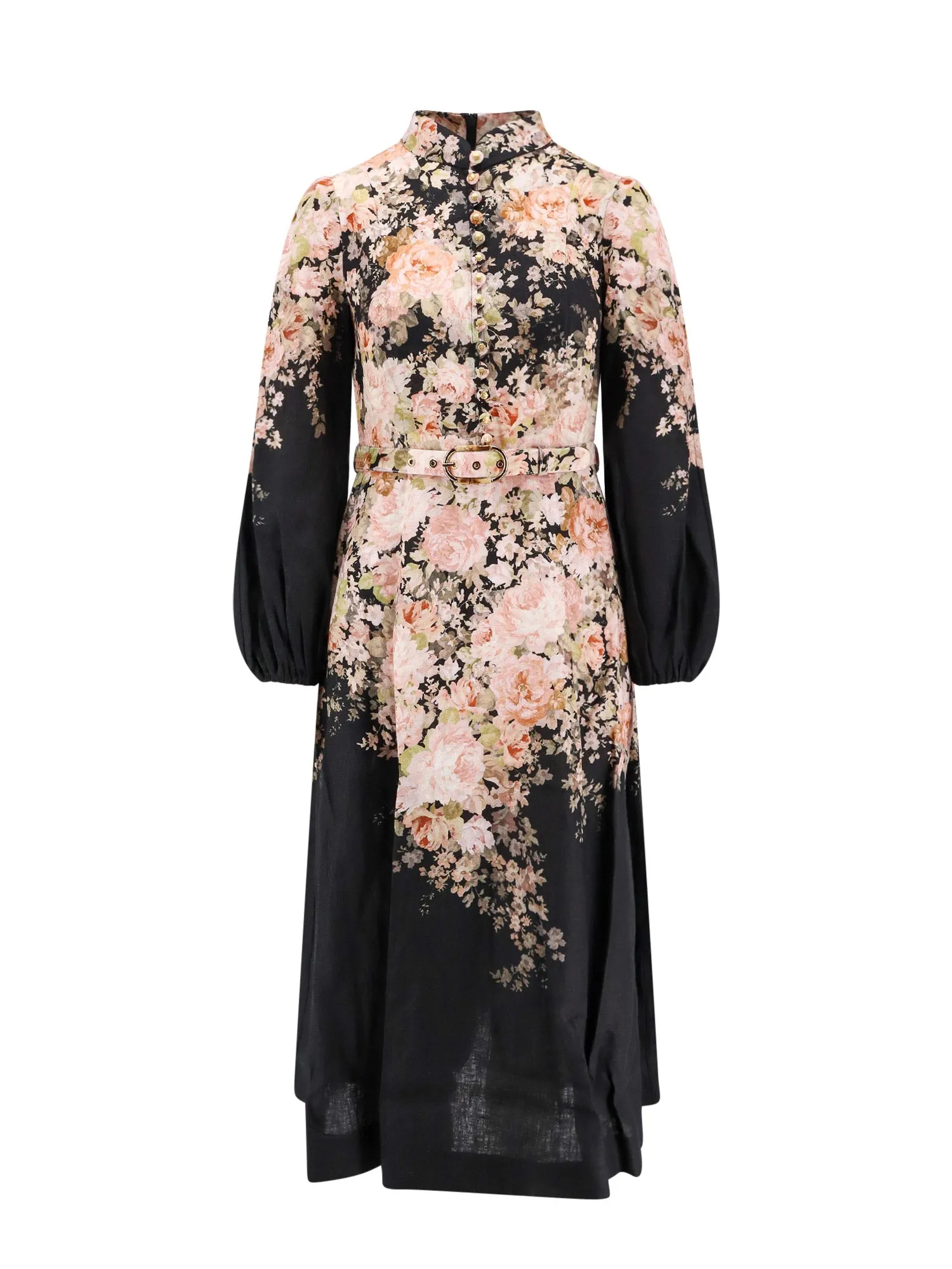 Linen Dress With Floral Print And Frontal Buttons