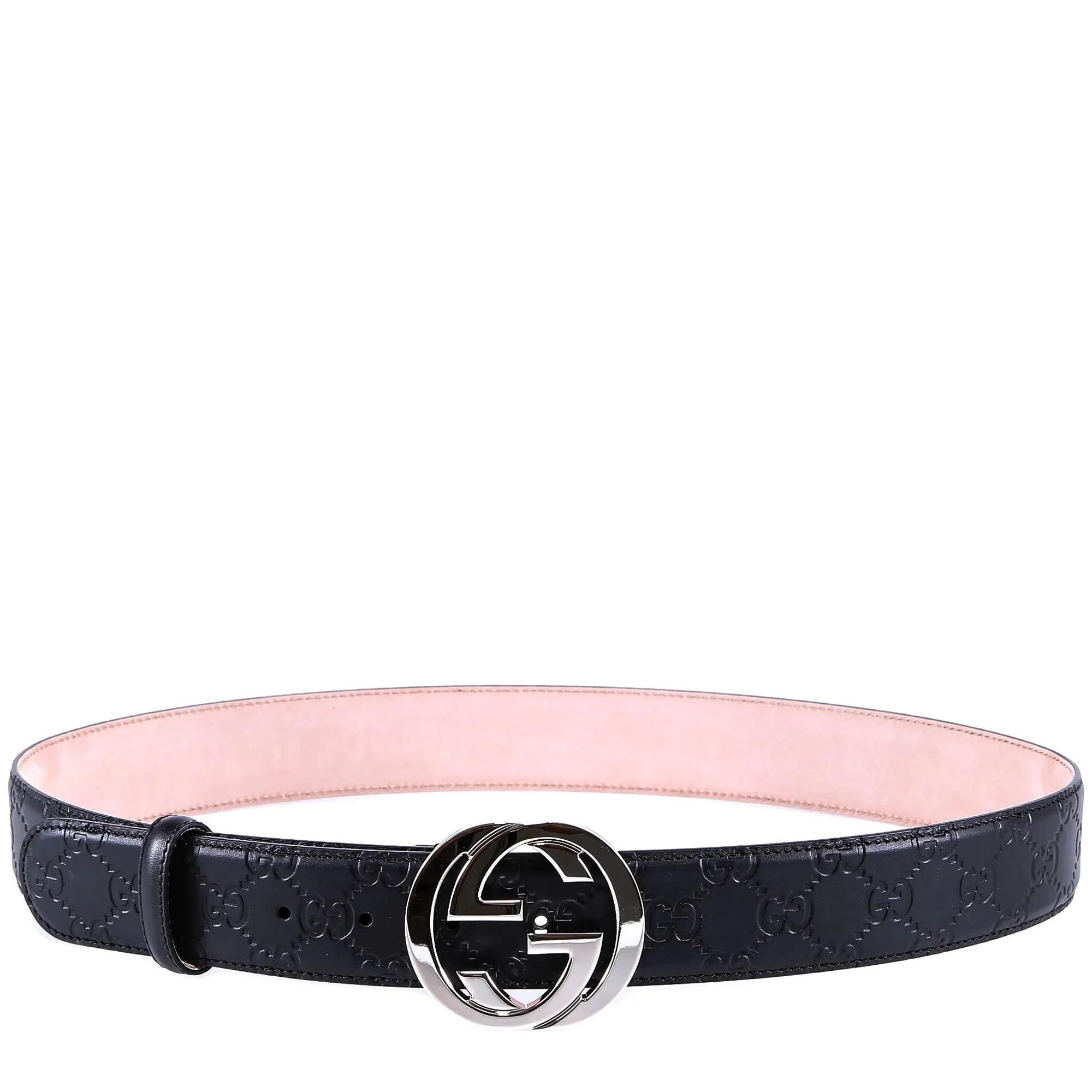 Leather Belt With Gg Silver Metal Buckle