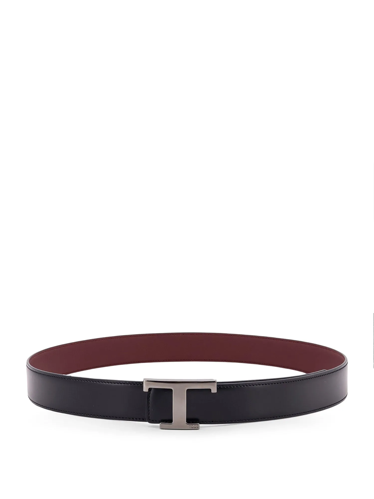 Reversible Leather Belt With T Timeless Metal Buckle And Stitched Profiles