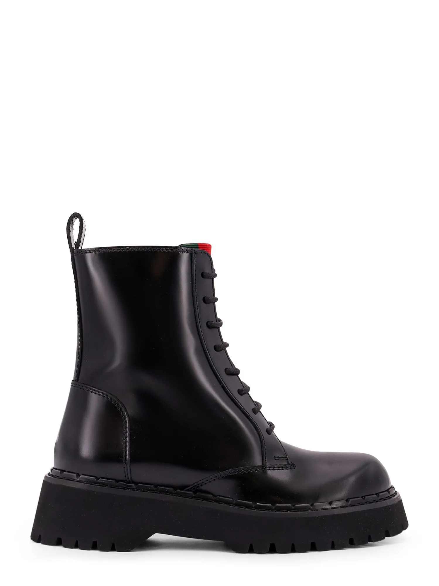 Leather Lace-Up Ankle Boots, With Side Zip, Web Detail And Rubber Lug Sole