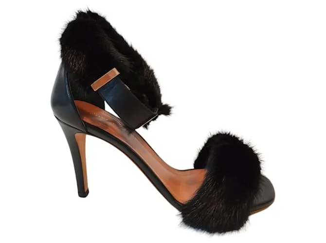Céline Sandali Celine con tacco in pelle e visone nero