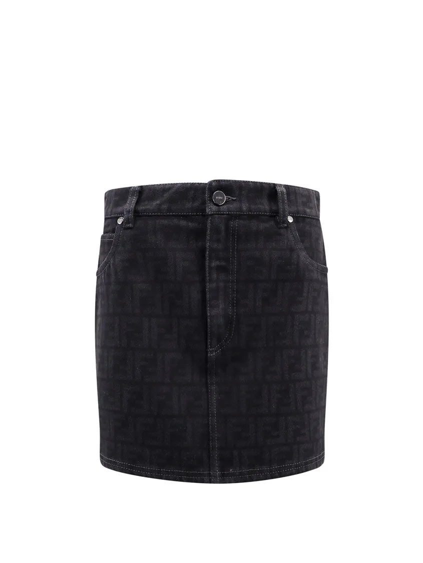 Denim Skirt With All-Over Ff Motif