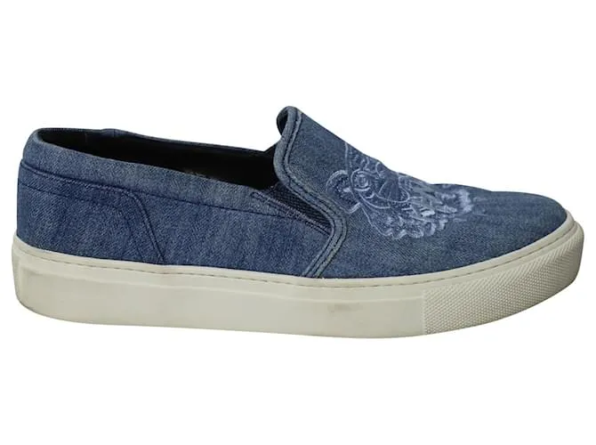 Sneakers Slip On Kenzo ricamate in denim di cotone blu