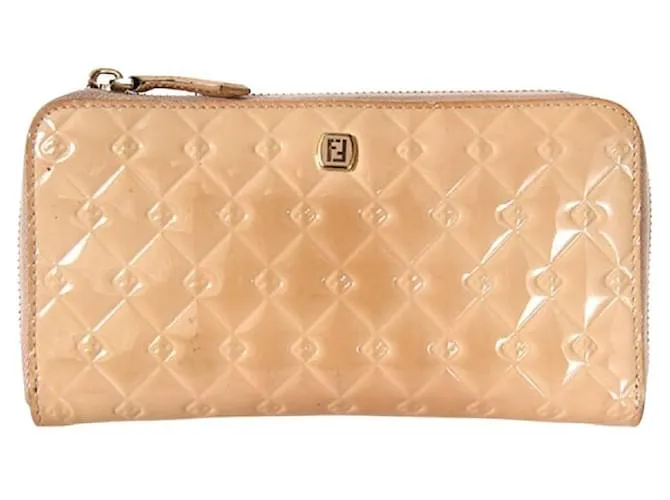 *** Portafoglio lungo con zip rotonda in pelle verniciata Fendi Beige