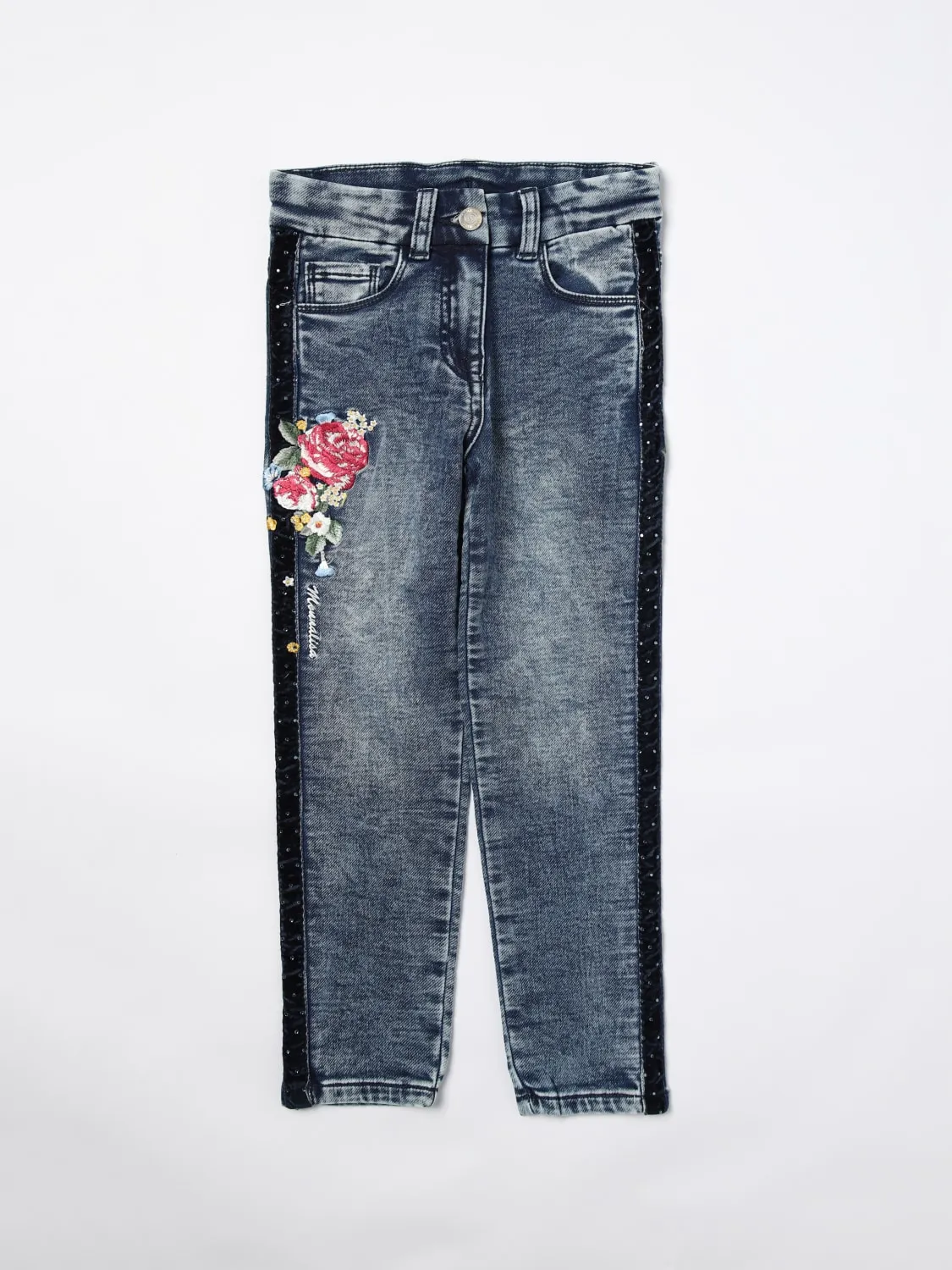 Jeans Monnalisa in denim di cotone con ricamo floreale