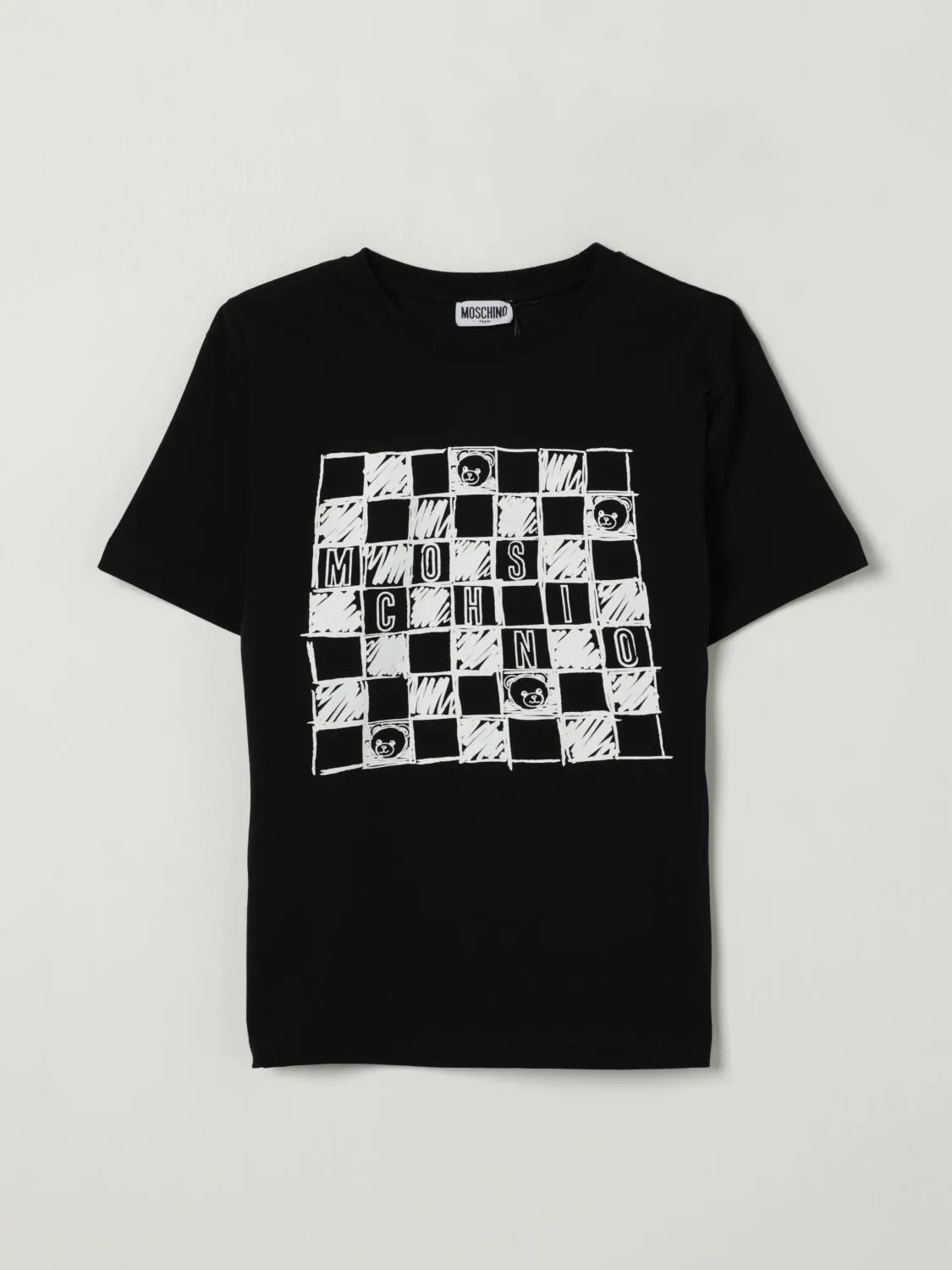 T-shirt in cotone con stampa logo a scacchi Moschino