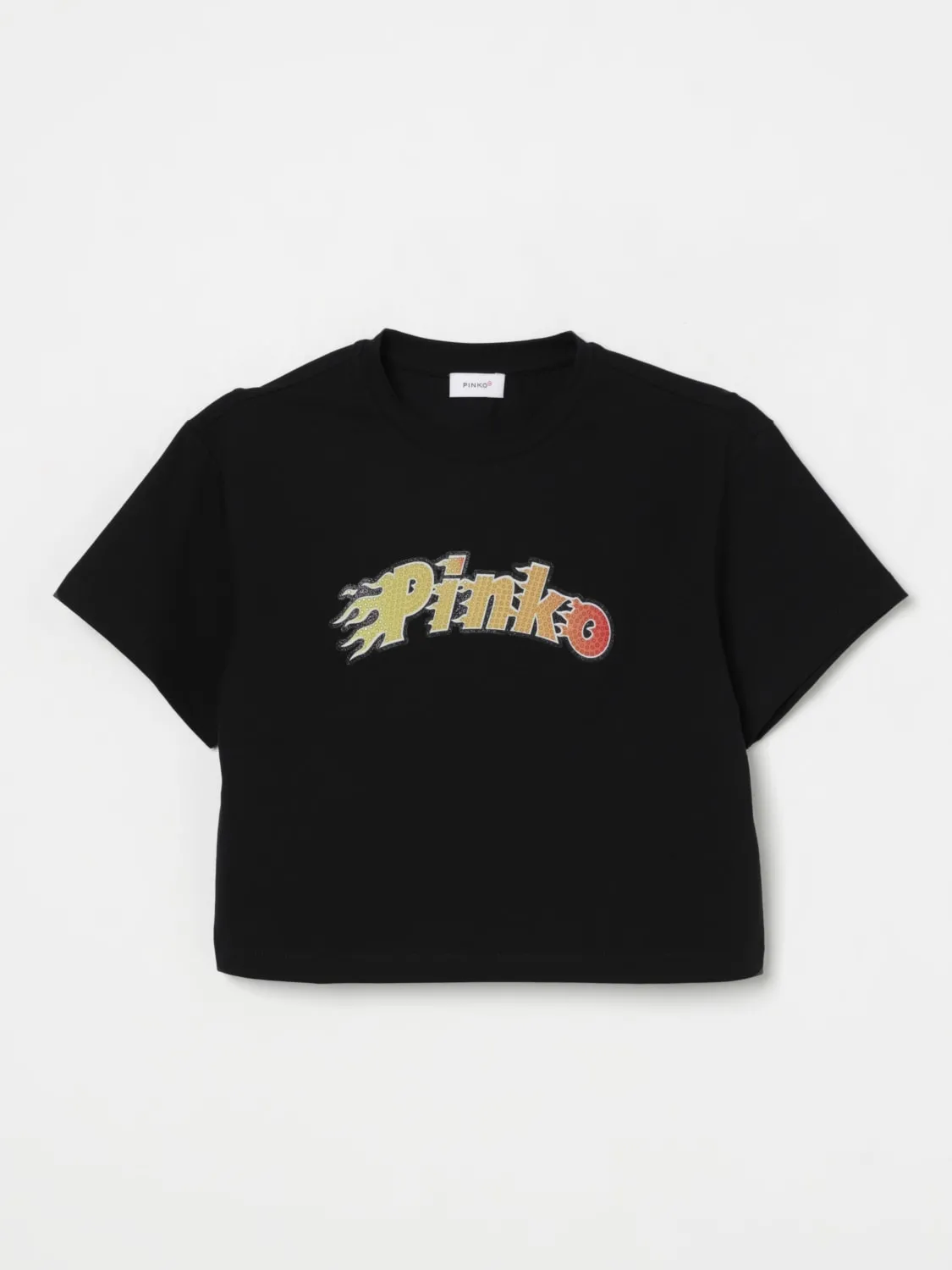 T-shirt crop in cotone con stampa logo Pinko