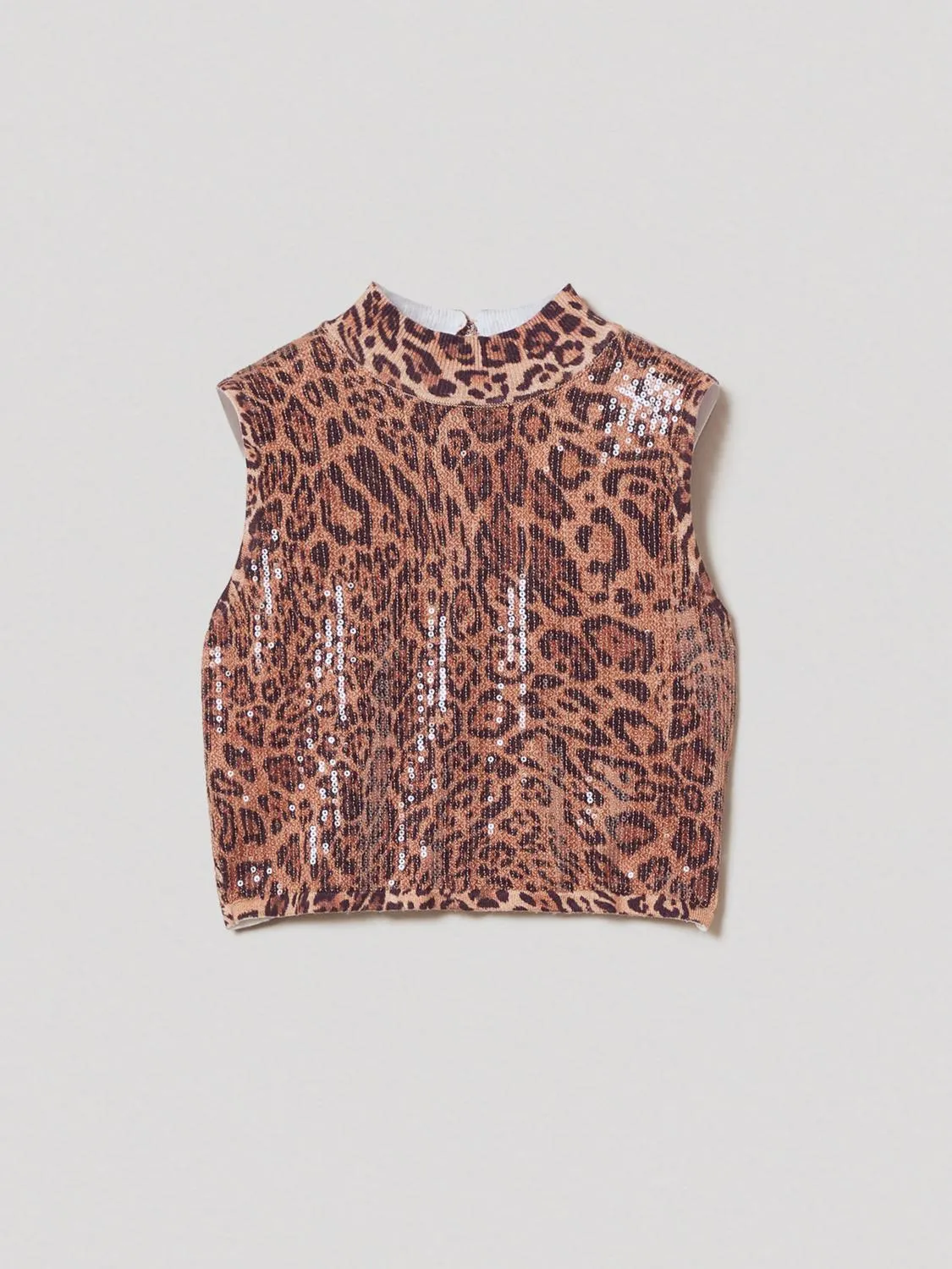 Top smanicato Twinset in tessuto paillettato animalier