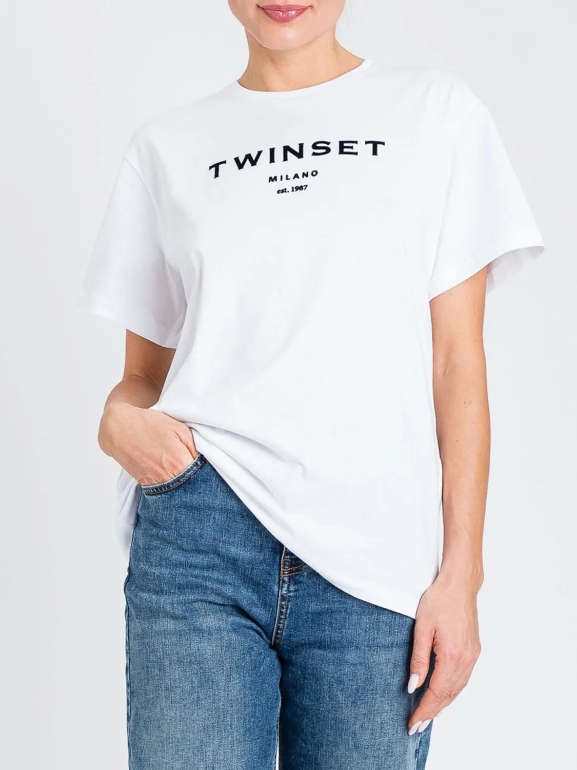 T-shirt in cotone con logo floccato Twinset