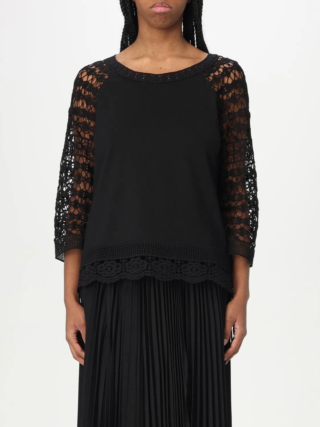 Blusa Twinset in macramè e jersey di cotone