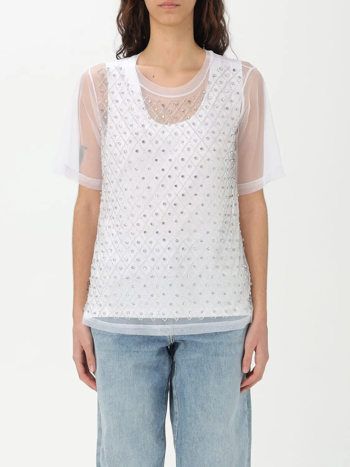 T-shirt in tulle a doppio strato con strass all-over Twinset