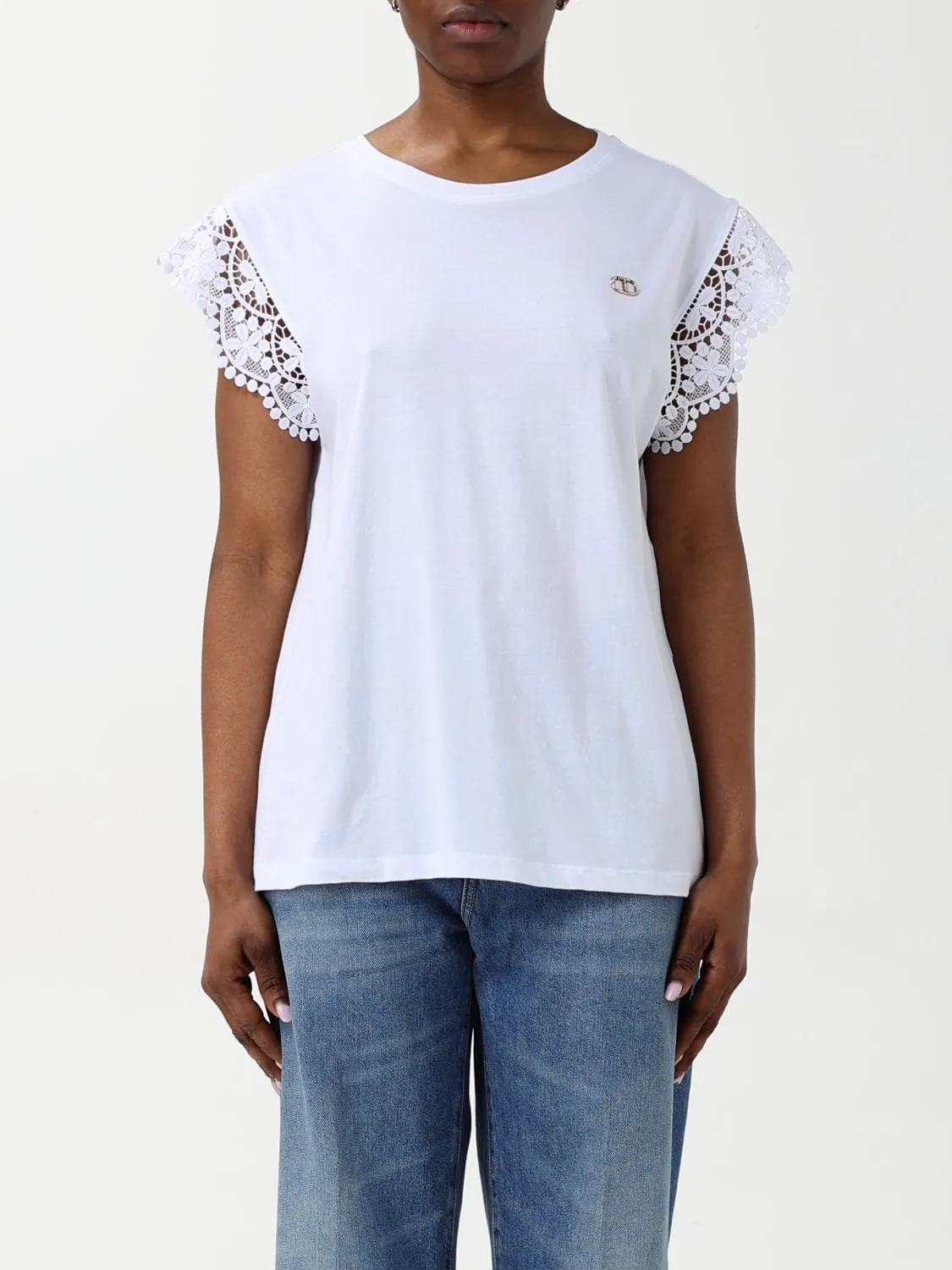 T-shirt in cotone con maniche macramé Twinset