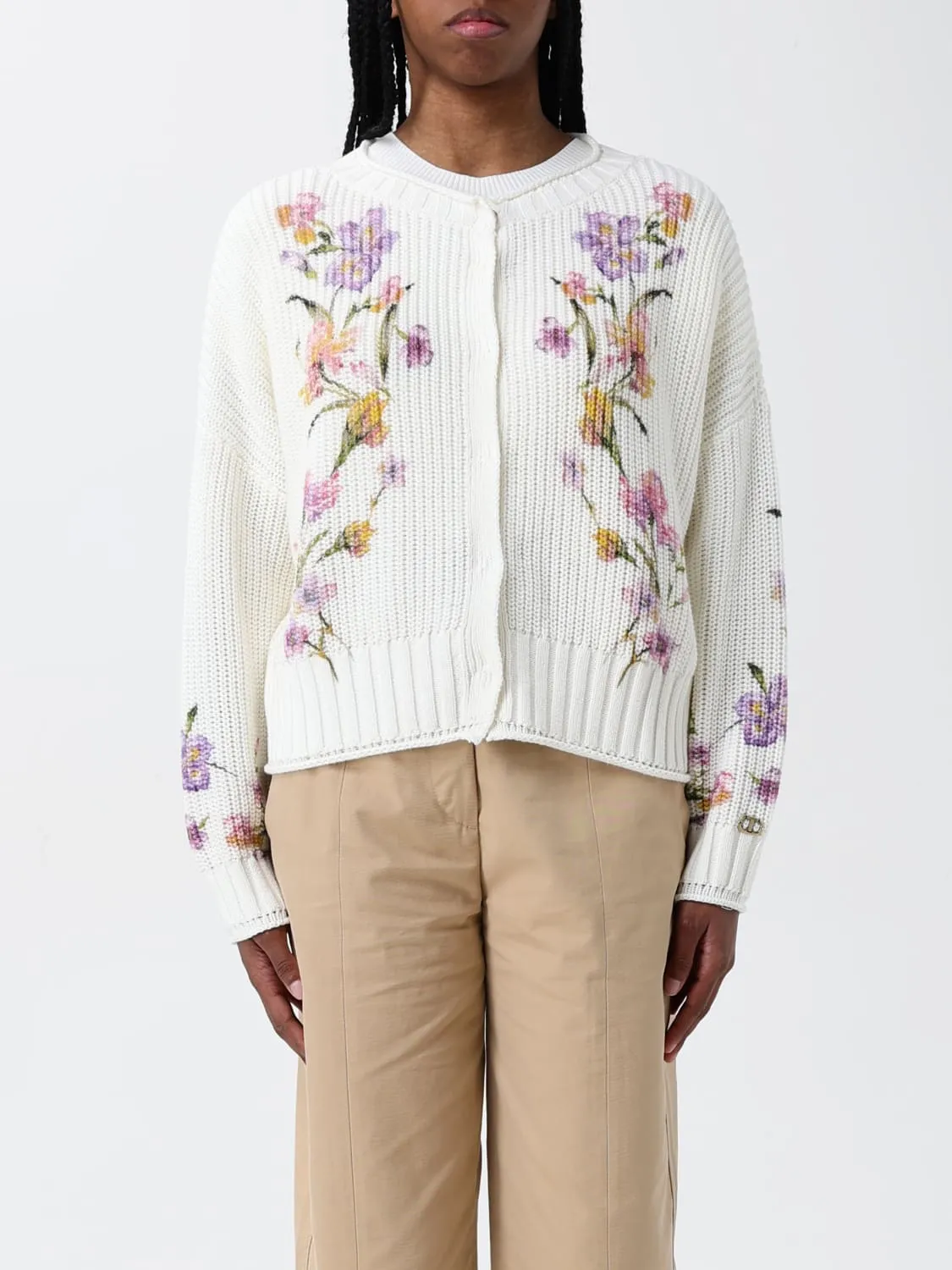 Cardigan a girocollo ricamato Twinset in cotone