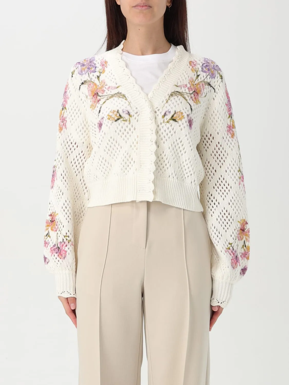 Cardigan in maglia traforata con ricami floreali Twinset