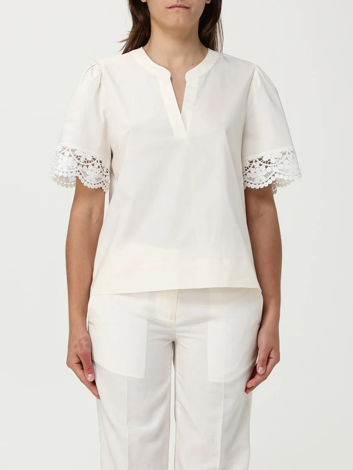 Blusa Twinset in cotone stretch con inserti in pizzo