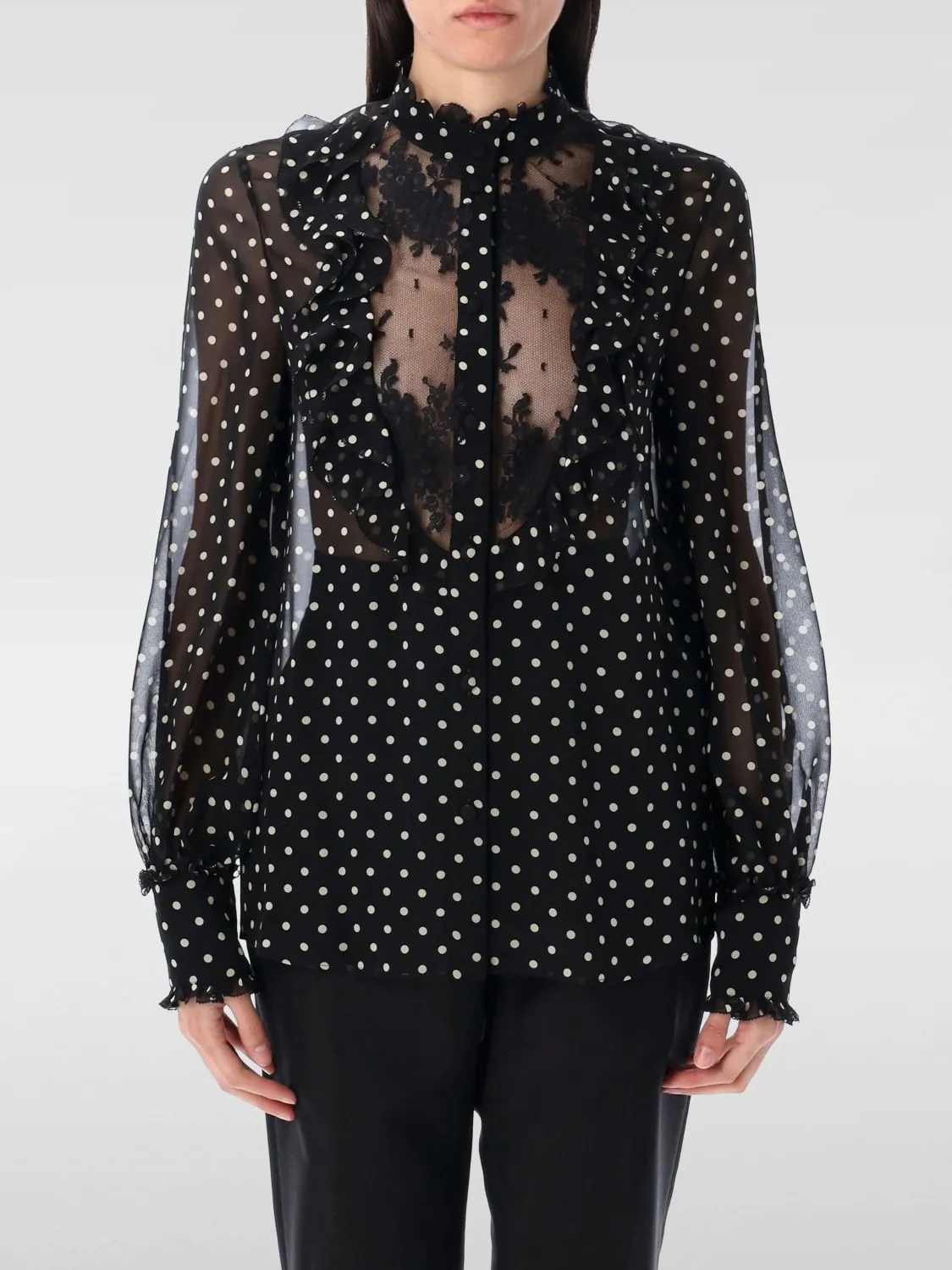 Camicia Valentino in seta a stampa pois con inserti in pizzo