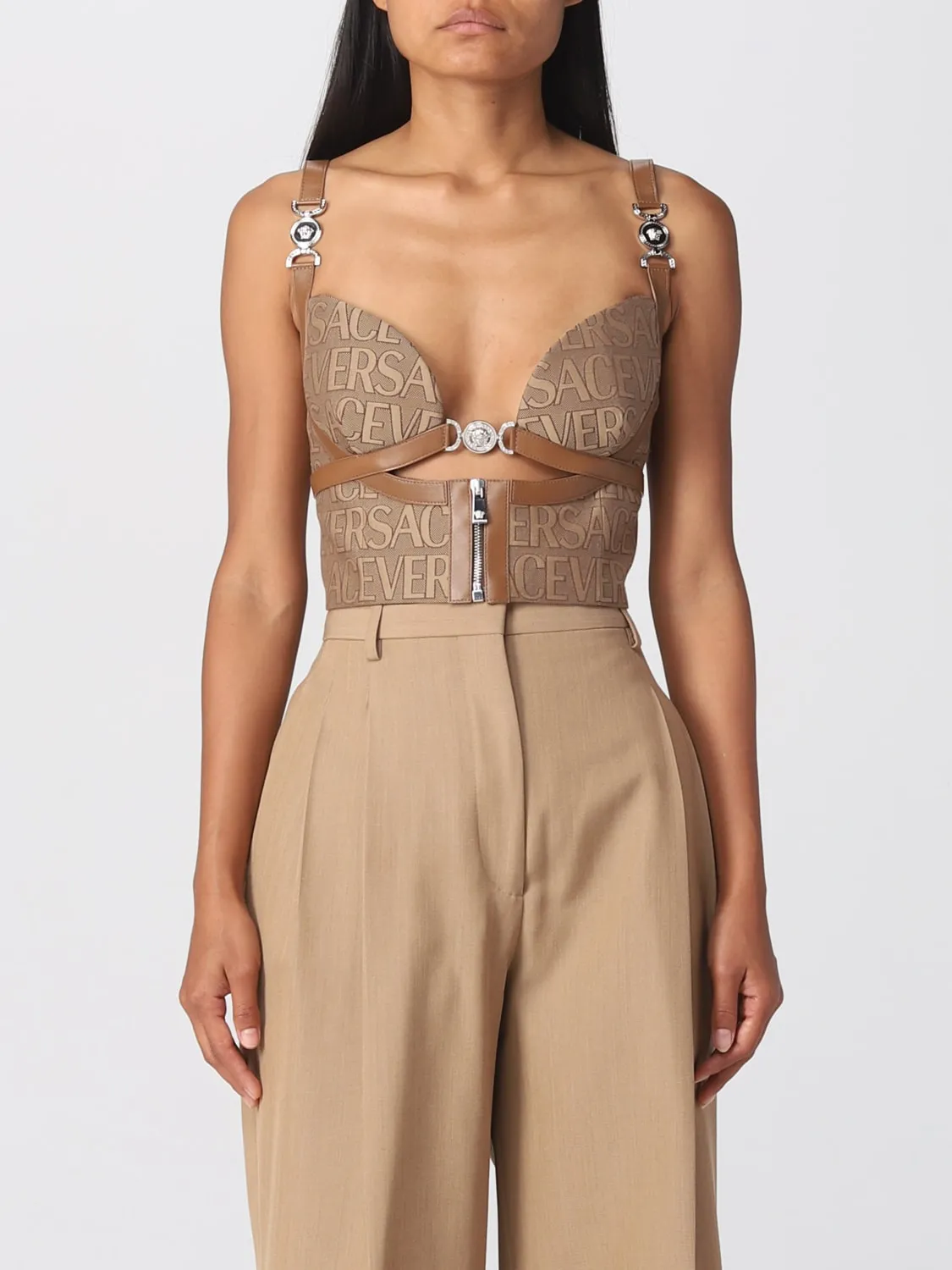 Top Versace in misto cotone e pelle