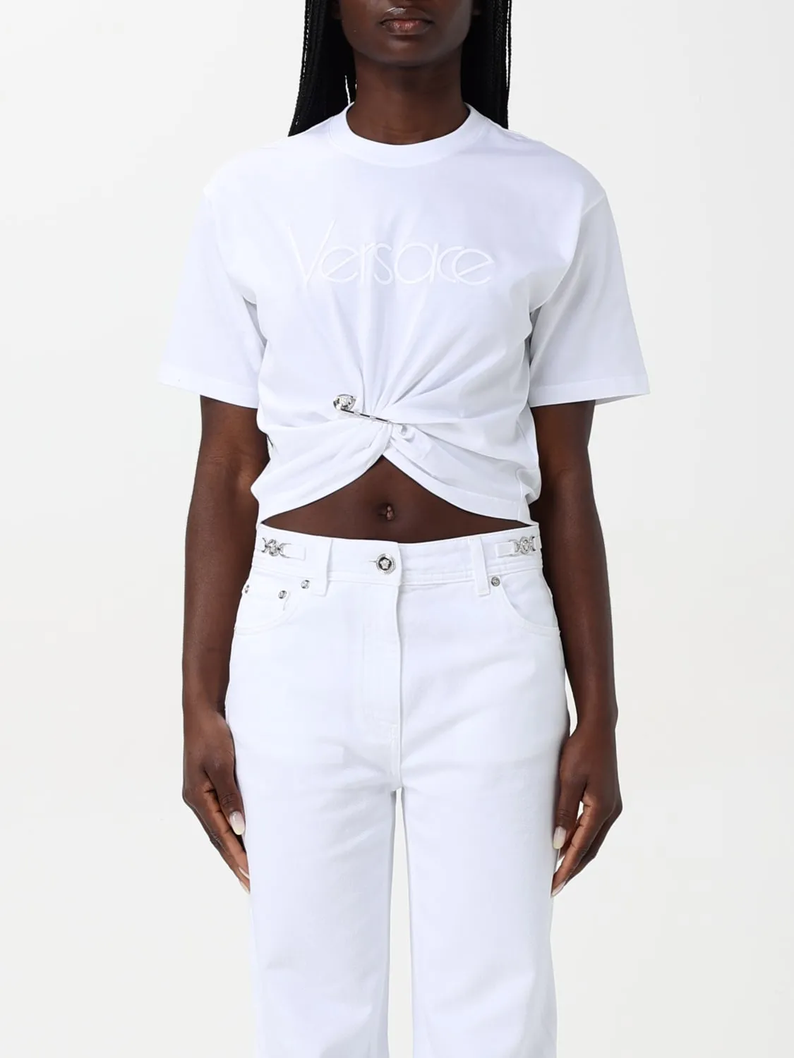 T-shirt crop in cotone con logo Versace