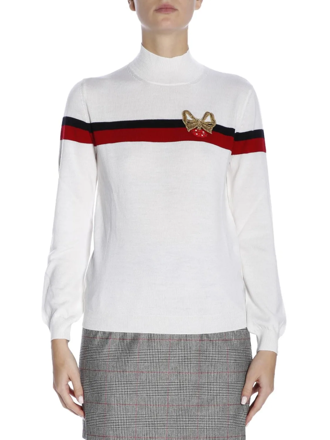 Pullover a dolcevita con banda a contrasto e fiocco